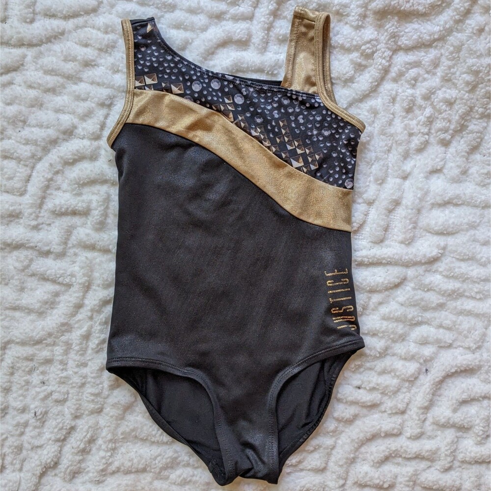 Justice Active Girls Leotard Black Gold Shimmer Gymnastics Dance Cheer Size 7